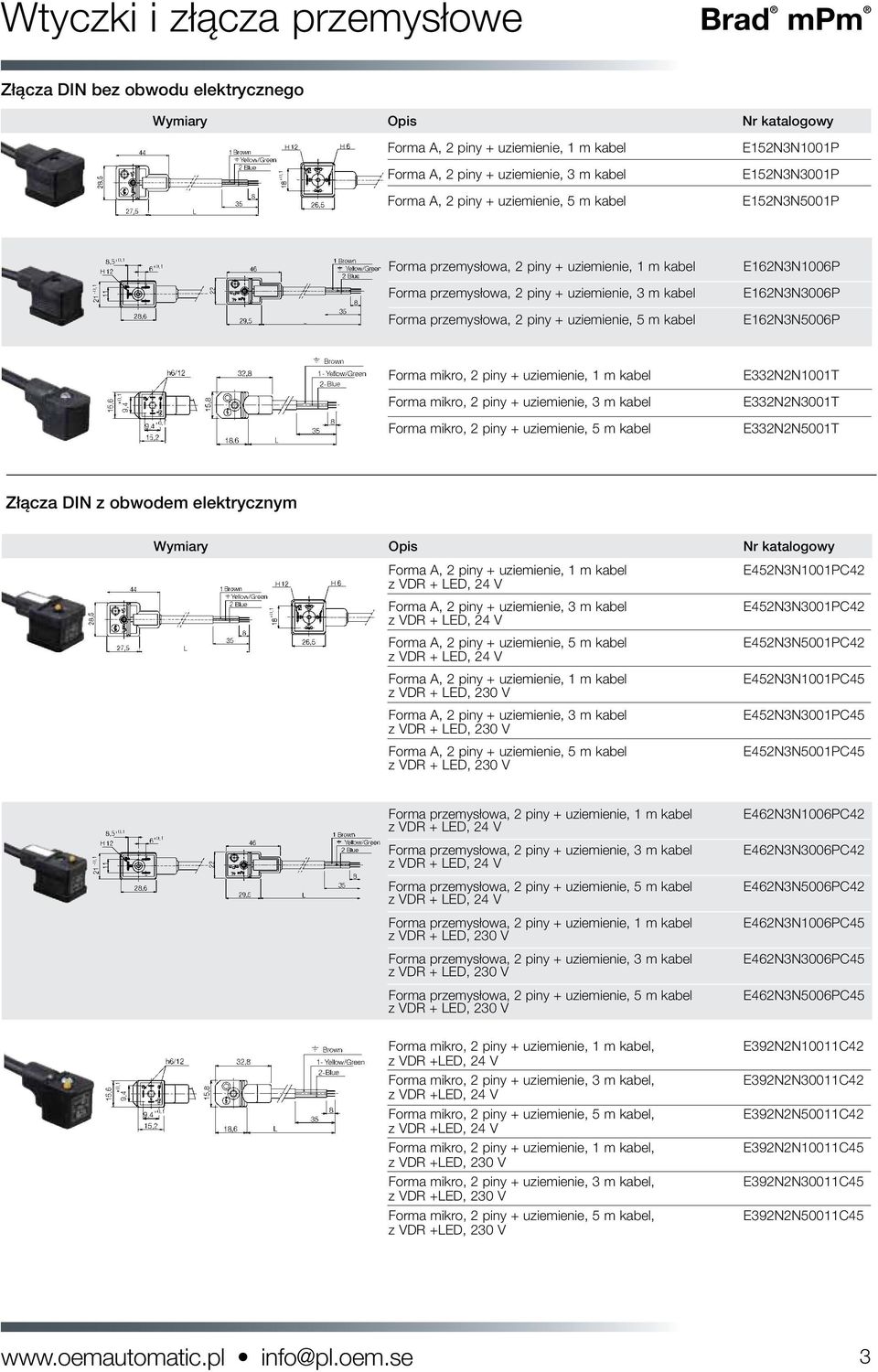 E162N3N1006P E162N3N3006P E162N3N5006P Forma mikro, 2 piny + uziemienie, 1 m kabel Forma mikro, 2 piny + uziemienie, 3 m kabel Forma mikro, 2 piny + uziemienie, 5 m kabel E332N2N1001T E332N2N3001T