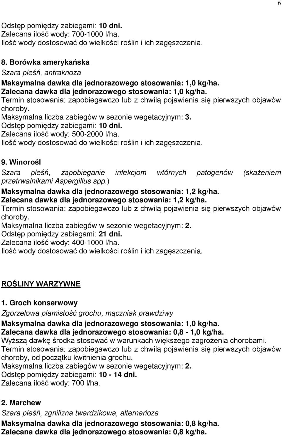 Zalecana dawka dla jednorazowego stosowania: 1,2 kg/ha. Maksymalna liczba zabiegów w sezonie wegetacyjnym: 2. Odstęp pomiędzy zabiegami: 21 dni. Zalecana ilość wody: 400-1000 l/ha. ROŚLINY WARZYWNE 1.