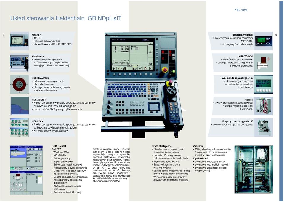 półautomatyczne wyważanie dla 1 lub 2 ściernic obsługa i wskazania zintegrowane z układem sterowania Wskaźnik kąta skręcenia do ręcznego skręcania wrzeciennika przedmiotu obrabianego KEL-ASSIST