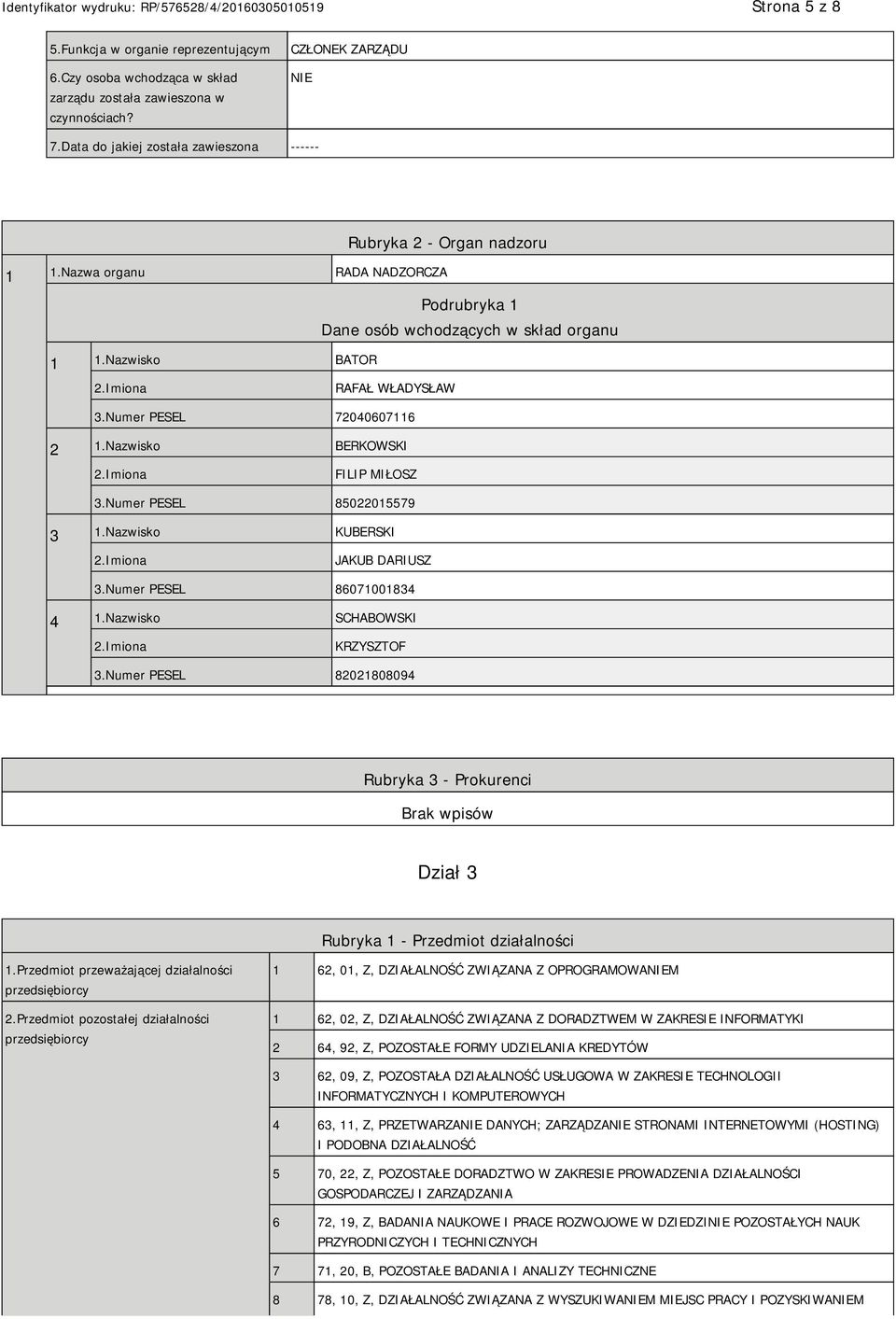 Numer PESEL 72040607116 2 1.Nazwisko BERKOWSKI FILIP MIŁOSZ 3.Numer PESEL 85022015579 3 1.Nazwisko KUBERSKI JAKUB DARIUSZ 3.Numer PESEL 86071001834 4 1.Nazwisko SCHABOWSKI KRZYSZTOF 3.