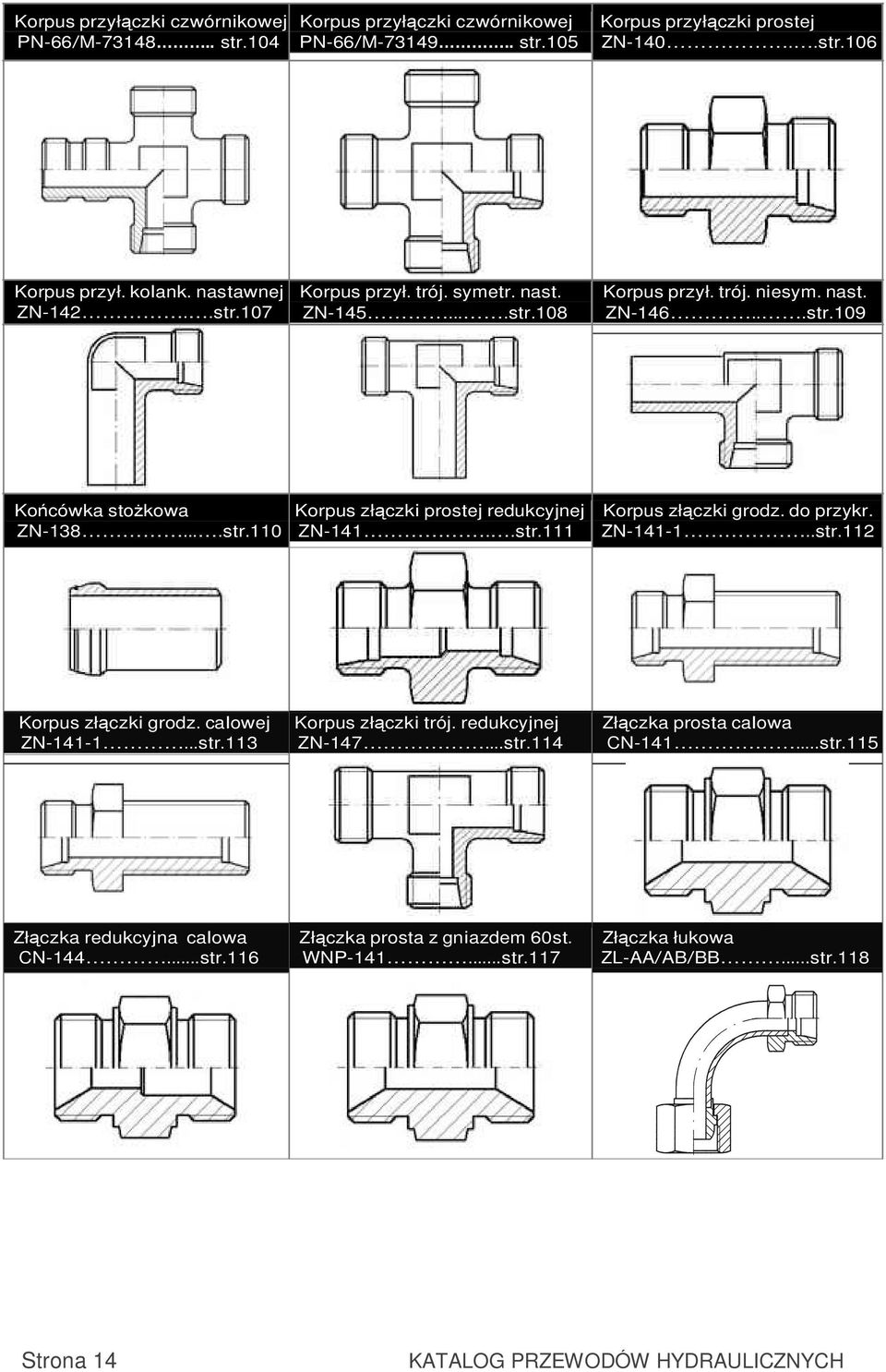 .str.111 Korpus złączki grodz. do przykr. ZN1411..str.112 Korpus złączki grodz. calowej ZN1411...str.113 Korpus złączki trój. redukcyjnej ZN147...str.114 Złączka prosta calowa CN141.