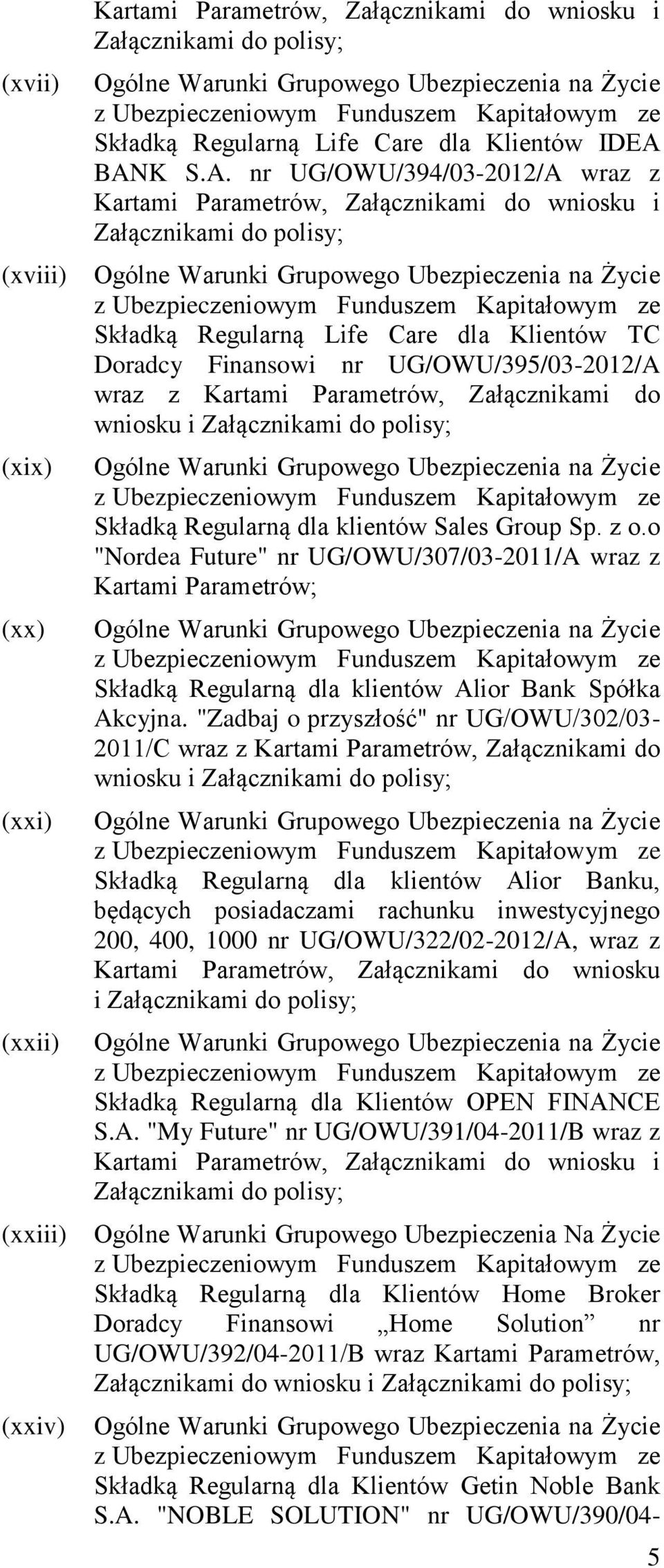 BANK S.A. nr UG/OWU/394/03-2012/A wraz z Kartami Parametrów, Załącznikami do wniosku i Załącznikami do polisy; Ogólne Warunki Grupowego Ubezpieczenia na Życie z Ubezpieczeniowym Funduszem Kapitałowym