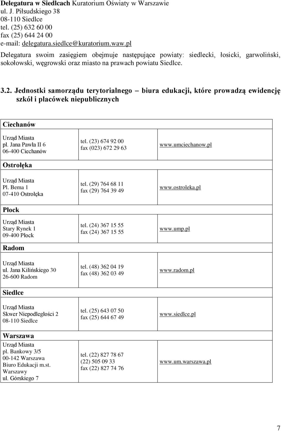 Jednostki samorządu terytorialnego biura edukacji, które prowadzą ewidencję szkół i placówek niepublicznych Ciechanów Urząd Miasta pl. Jana Pawła II 6 06-400 Ciechanów Ostrołęka Urząd Miasta Pl.