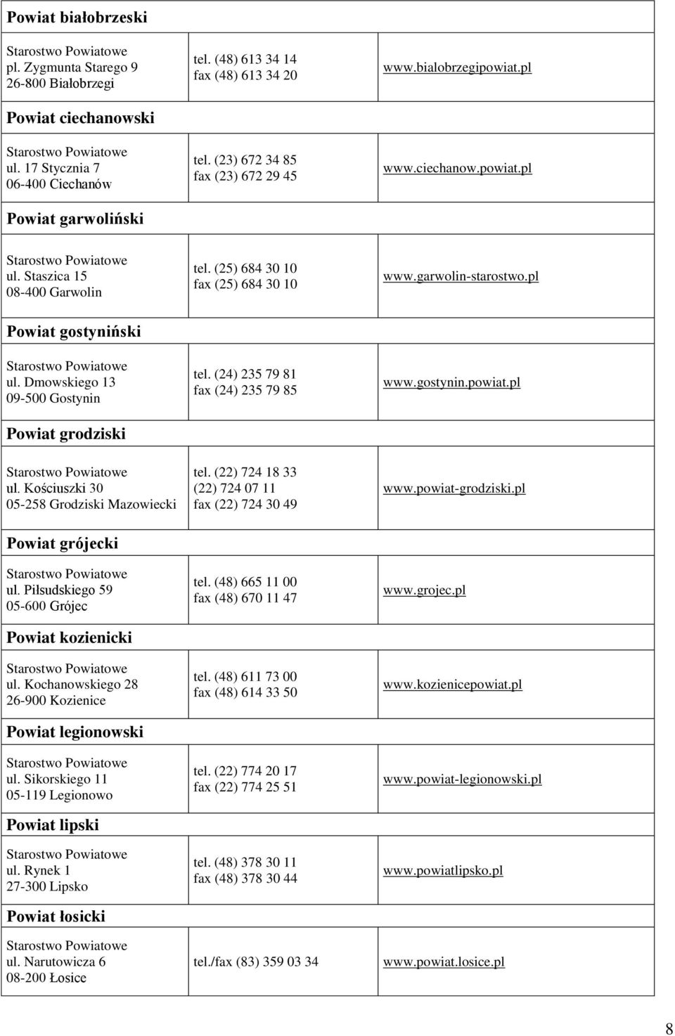 pl Powiat gostyniński ul. Dmowskiego 13 09-500 Gostynin Powiat grodziski ul. Kościuszki 30 05-258 Grodziski Mazowiecki Powiat grójecki ul. Piłsudskiego 59 05-600 Grójec Powiat kozienicki ul.