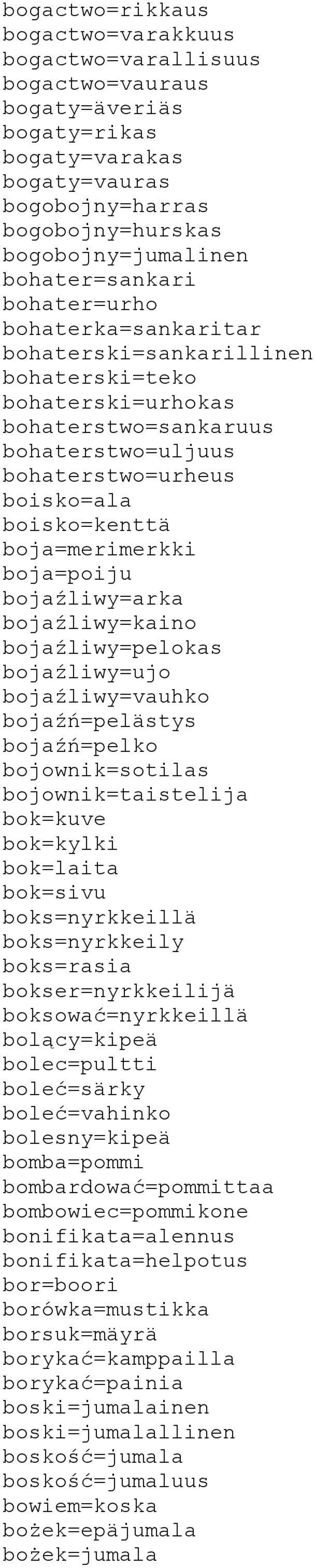 boja=merimerkki boja=poiju bojaźliwy=arka bojaźliwy=kaino bojaźliwy=pelokas bojaźliwy=ujo bojaźliwy=vauhko bojaźń=pelästys bojaźń=pelko bojownik=sotilas bojownik=taistelija bok=kuve bok=kylki