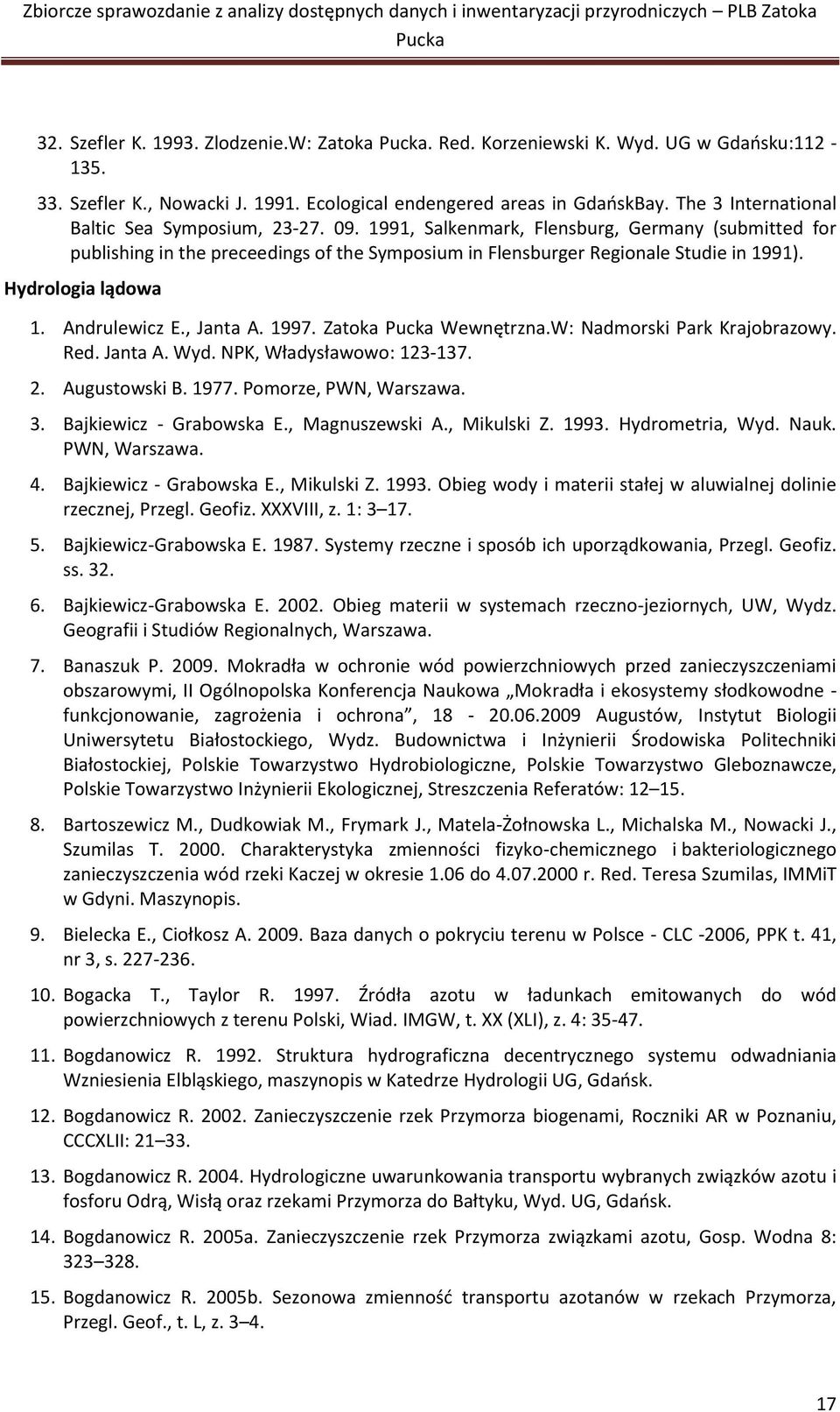Hydrologia lądowa 1. Andrulewicz E., Janta A. 1997. Zatoka Wewnętrzna.W: Nadmorski Park Krajobrazowy. Red. Janta A. Wyd. NPK, Władysławowo: 123-137. 2. Augustowski B. 1977. Pomorze, PWN, Warszawa. 3.