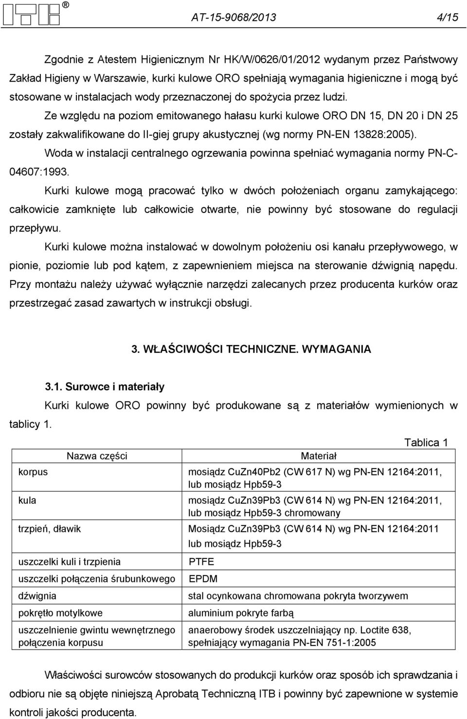 Ze względu na poziom emitowanego hałasu kurki kulowe ORO DN 15, DN 20 i DN 25 zostały zakwalifikowane do II-giej grupy akustycznej (wg normy PN-EN 13828:2005).