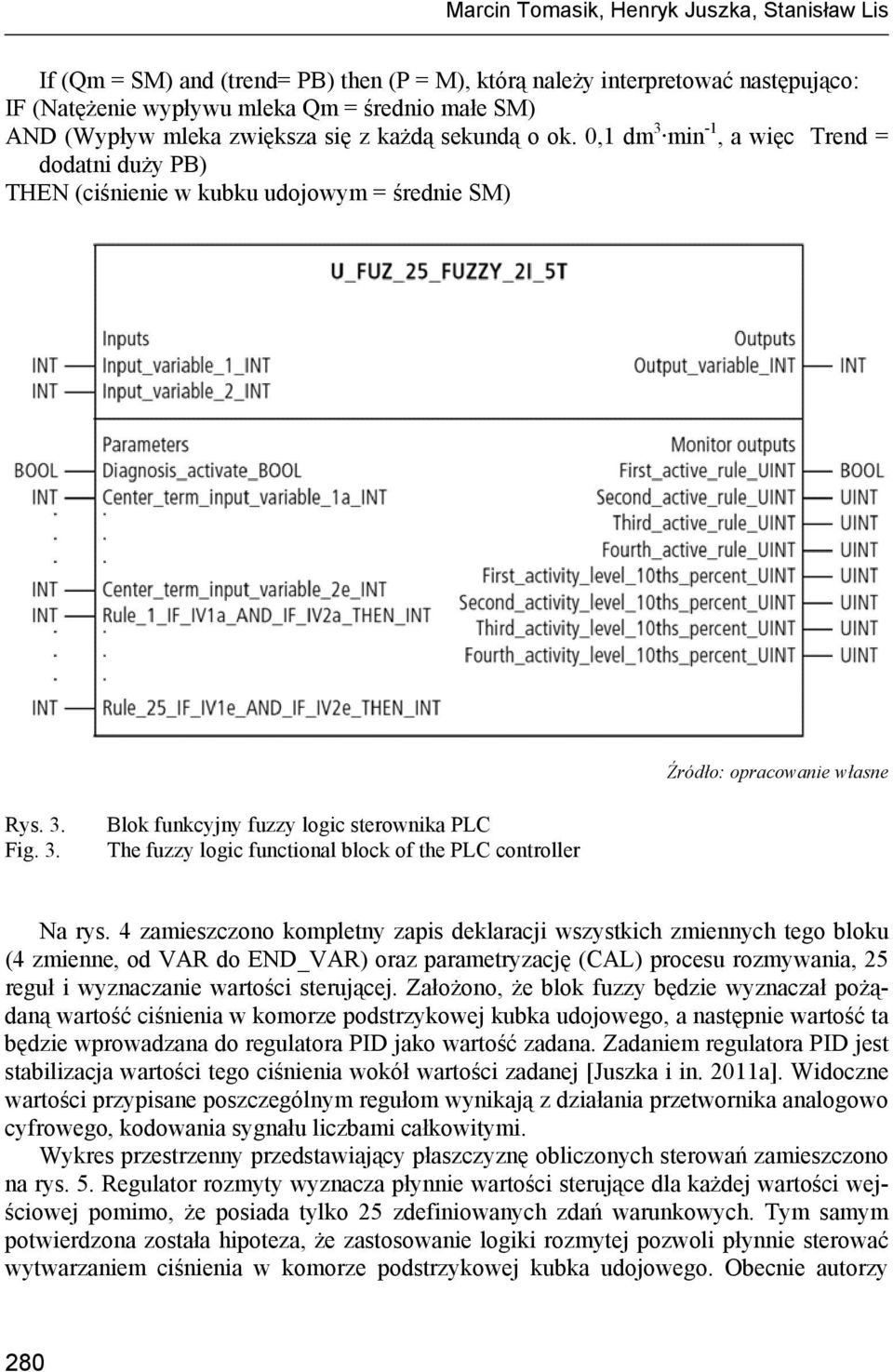 4 zamieszczono kompletny zapis deklaracji wszystkich zmiennych tego bloku (4 zmienne, od VAR do END_VAR) oraz parametryzację (CAL) procesu rozmywania, 25 reguł i wyznaczanie wartości sterującej.