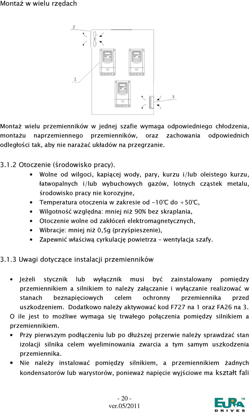 Wolne od wilgoci, kapiącej wody, pary, kurzu i/lub oleistego kurzu, łatwopalnych i/lub wybuchowych gazów, lotnych cząstek metalu, środowisko pracy nie korozyjne, Temperatura otoczenia w zakresie od