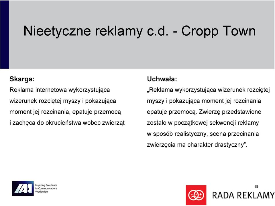 rozcinania, epatuje przemocą i zachęca do okrucieństwa wobec zwierząt Uchwała: Reklama wykorzystująca wizerunek