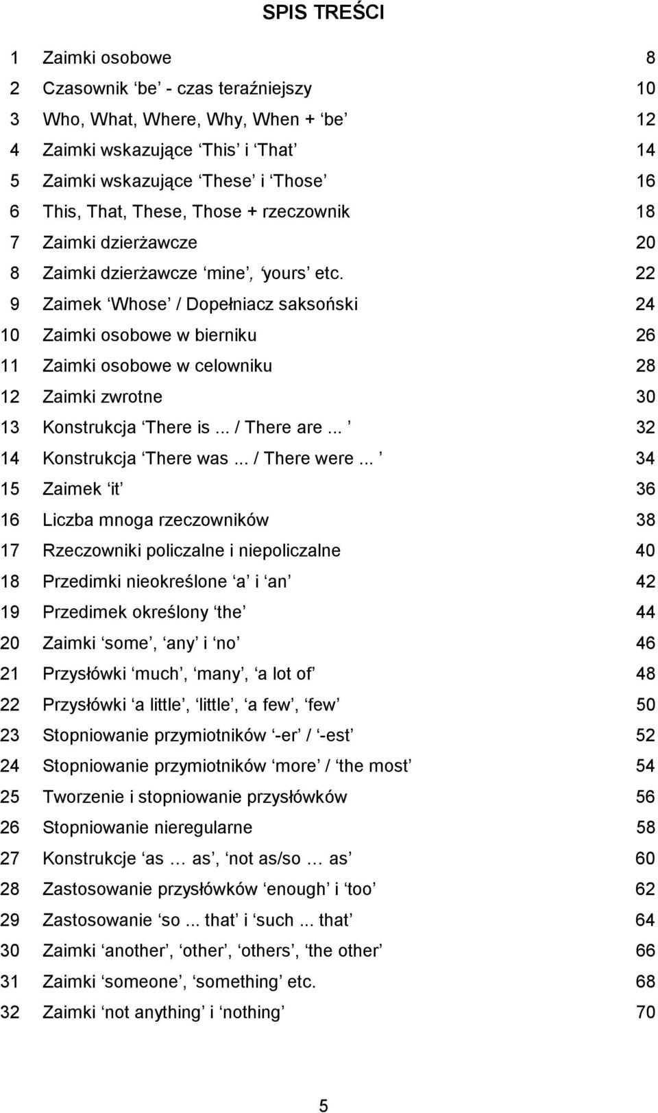 22 9 Zaimek Whose / Dopełniacz saksoński 24 10 Zaimki osobowe w bierniku 26 11 Zaimki osobowe w celowniku 28 12 Zaimki zwrotne 30 13 Konstrukcja There is... / There are... 32 14 Konstrukcja There was.