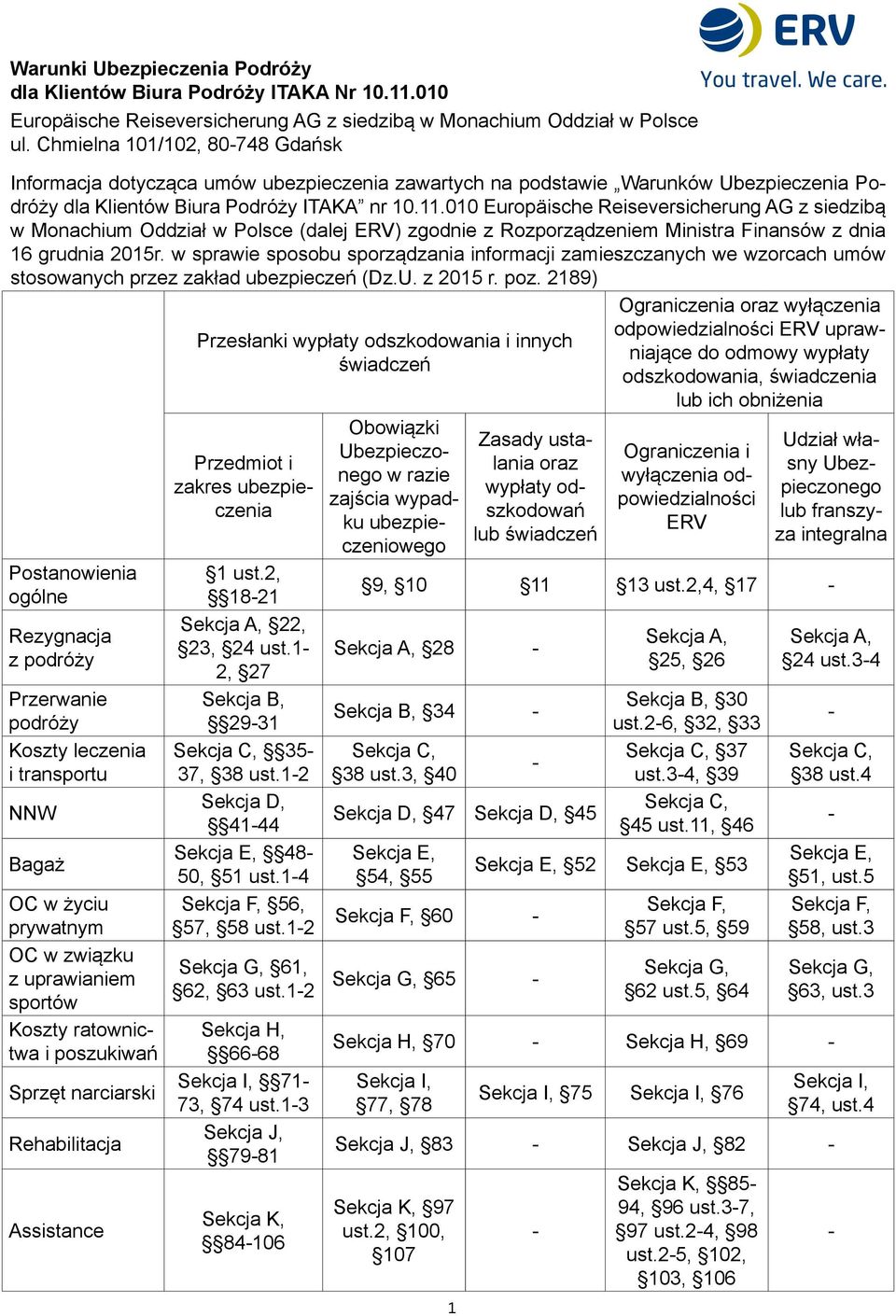 010 Europäische Reiseversicherung AG z siedzibą w Monachium Oddział w Polsce (dalej ERV) zgodnie z Rozporządzeniem Ministra Finansów z dnia 16 grudnia 2015r.