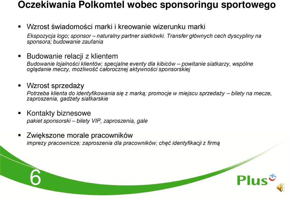 wspólne oglądanie meczy, możliwość całorocznej aktywności sponsorskiej Wzrost sprzedaży Potrzeba klienta do identyfikowania się z marką; promocje w miejscu sprzedaży bilety na