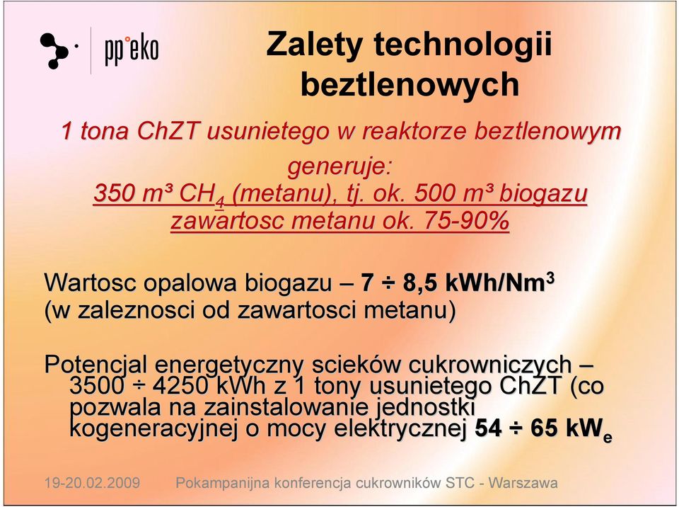 75-90% Wartosc opalowa owa biogazu 7 8,5 kwh/nm 3 (w zalezno nosci od zawartosci metanu) Potencjal