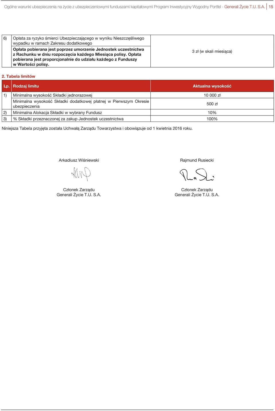 rozpoczęcia każdego Miesiąca polisy. Opłata pobierana jest proporcjonalnie do udziału każdego z Funduszy w Wartości polisy. 3 zł (w skali miesiąca) 2. Tabela limitów Lp.