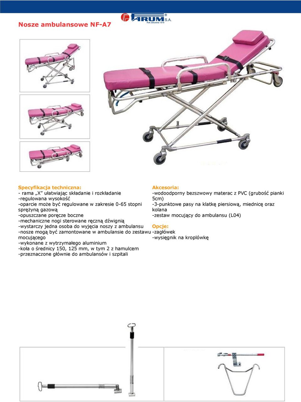 ambulansu (L04) -mechaniczne nogi sterowane ręczną dźwignią -wystarczy jedna osoba do wyjęcia noszy z ambulansu Opcje: -nosze mogą być zamontowane w ambulansie do