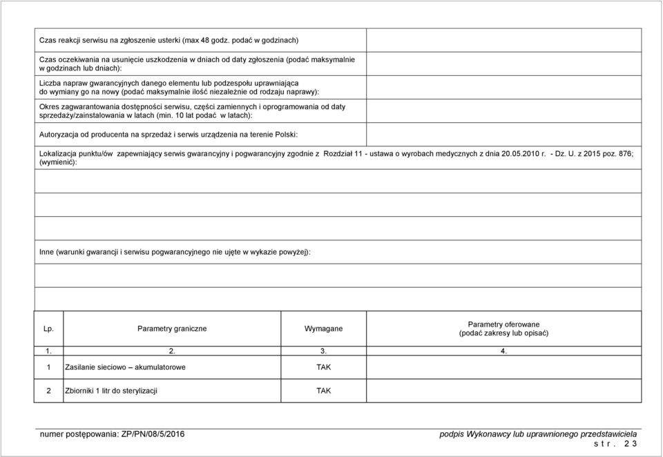 uprawniająca do wymiany go na nowy (podać maksymalnie ilość niezależnie od rodzaju naprawy): Okres zagwarantowania dostępności serwisu, części zamiennych i oprogramowania od daty