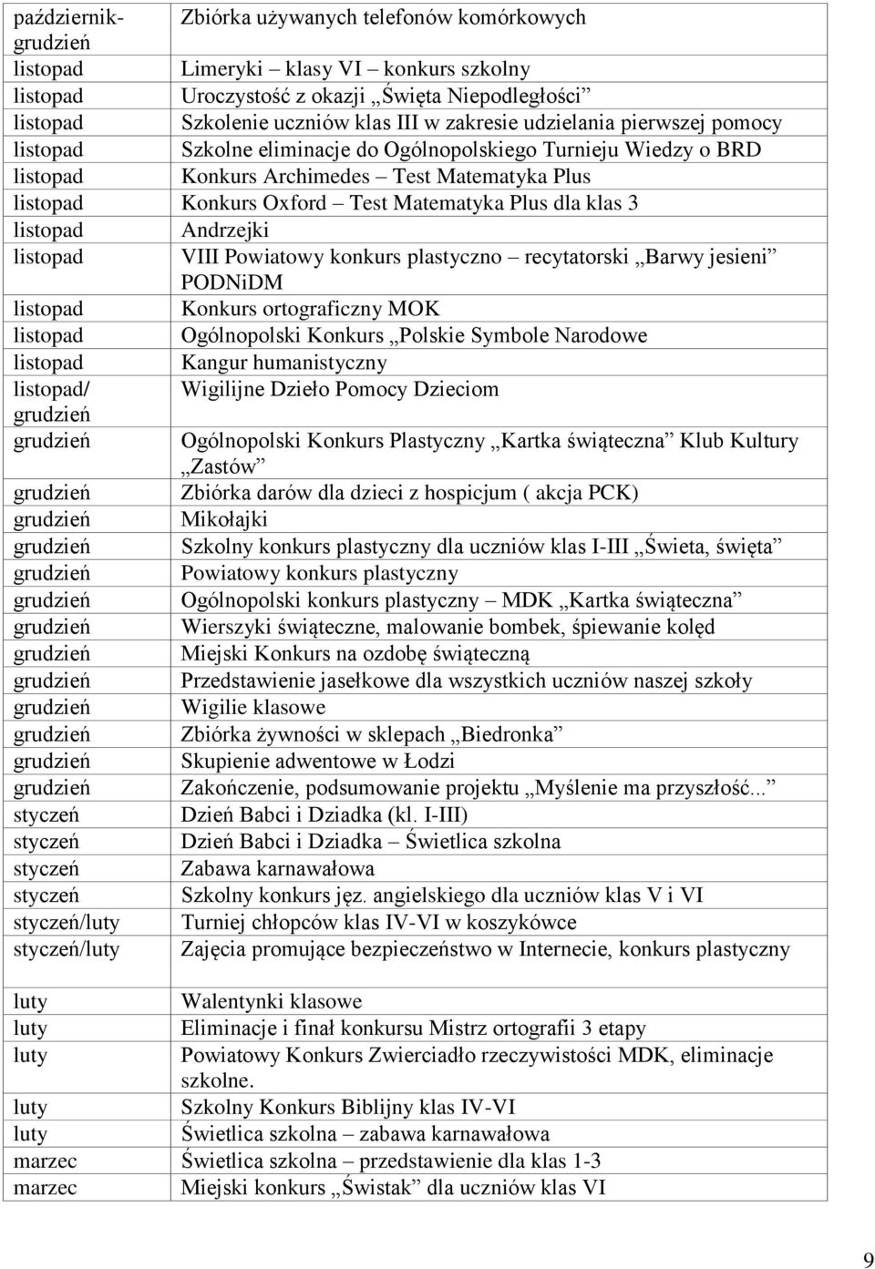 3 listopad Andrzejki listopad VIII Powiatowy konkurs plastyczno recytatorski Barwy jesieni PODNiDM listopad Konkurs ortograficzny MOK listopad Ogólnopolski Konkurs Polskie Symbole Narodowe listopad