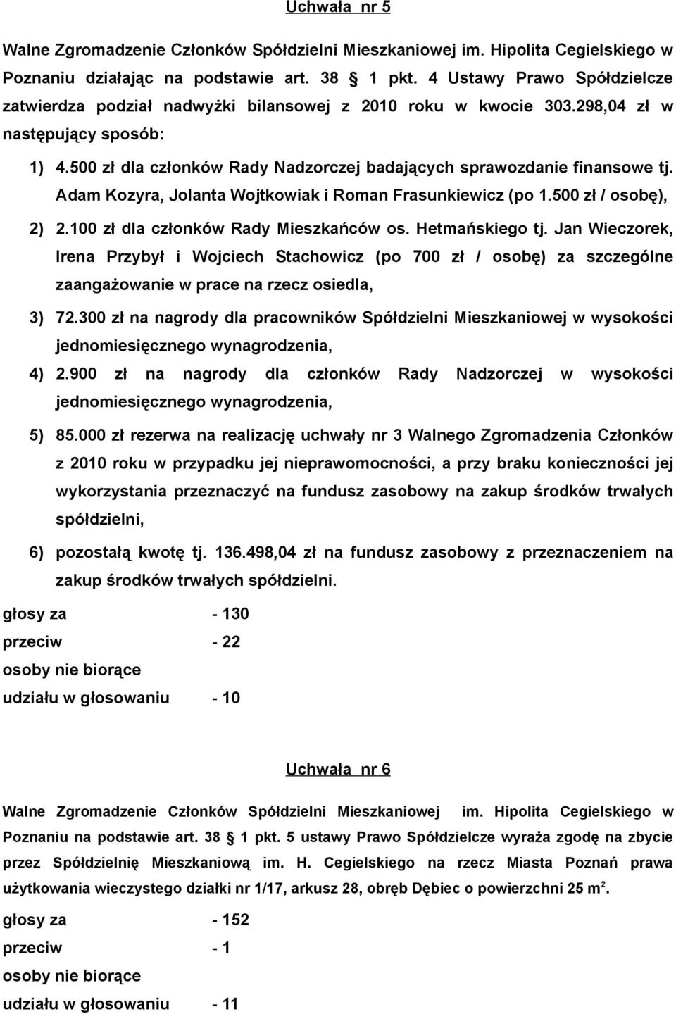 Hetmańskiego tj. Jan Wieczorek, Irena Przybył i Wojciech Stachowicz (po 700 zł / osobę) za szczególne zaangażowanie w prace na rzecz osiedla, 3) 72.