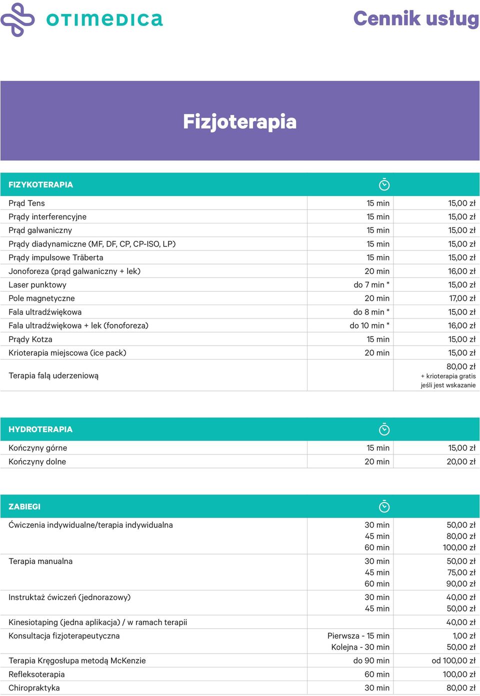 ultradźwiękowa + lek (fonoforeza) do 10 min * 16,00 zł Prądy Kotza 15 min 15,00 zł Krioterapia miejscowa (ice pack) 20 min 15,00 zł Terapia falą uderzeniową 80,00 zł + krioterapia gratis jeśli jest