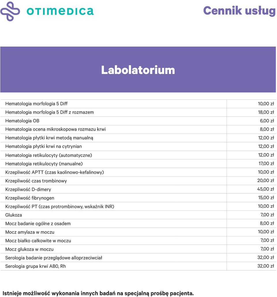 Krzepliwość fibrynogen Krzepliwość PT (czas protrombinowy, wskaźnik INR) Glukoza Mocz badanie ogólne z osadem Mocz amylaza w moczu Mocz białko całkowite w moczu Mocz glukoza w moczu Serologia badanie