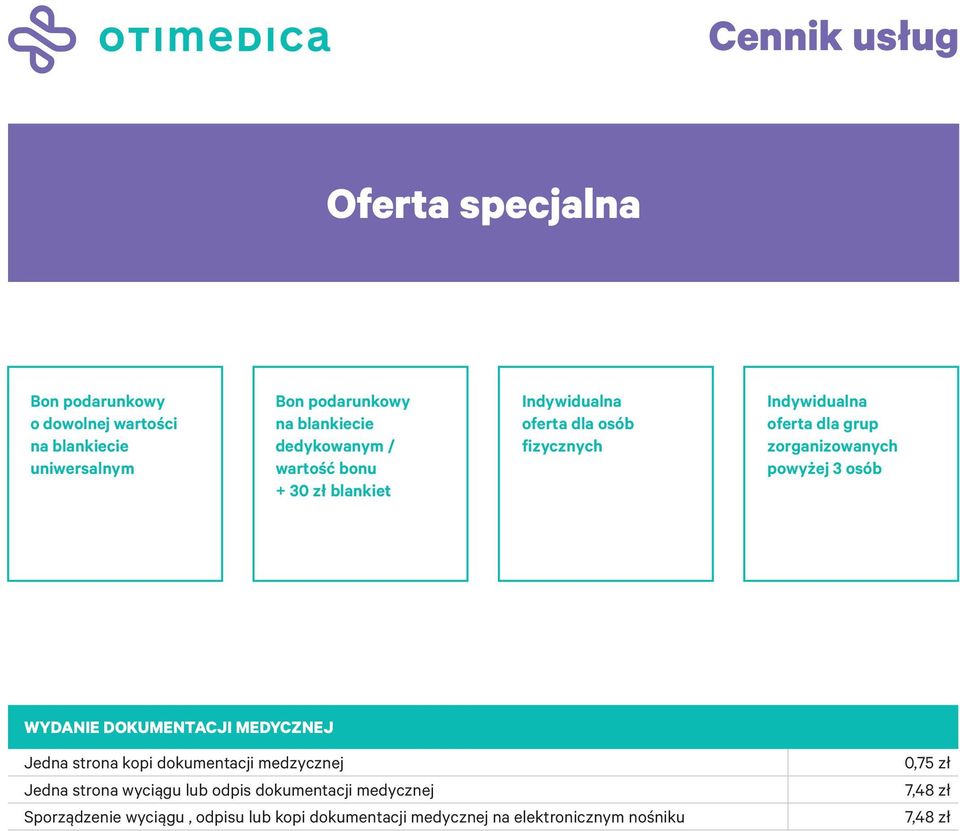 powyżej 3 osób WYDANIE DOKUMENTACJI MEDYCZNEJ Jedna strona kopi dokumentacji medzycznej 0,75 zł Jedna strona wyciągu lub