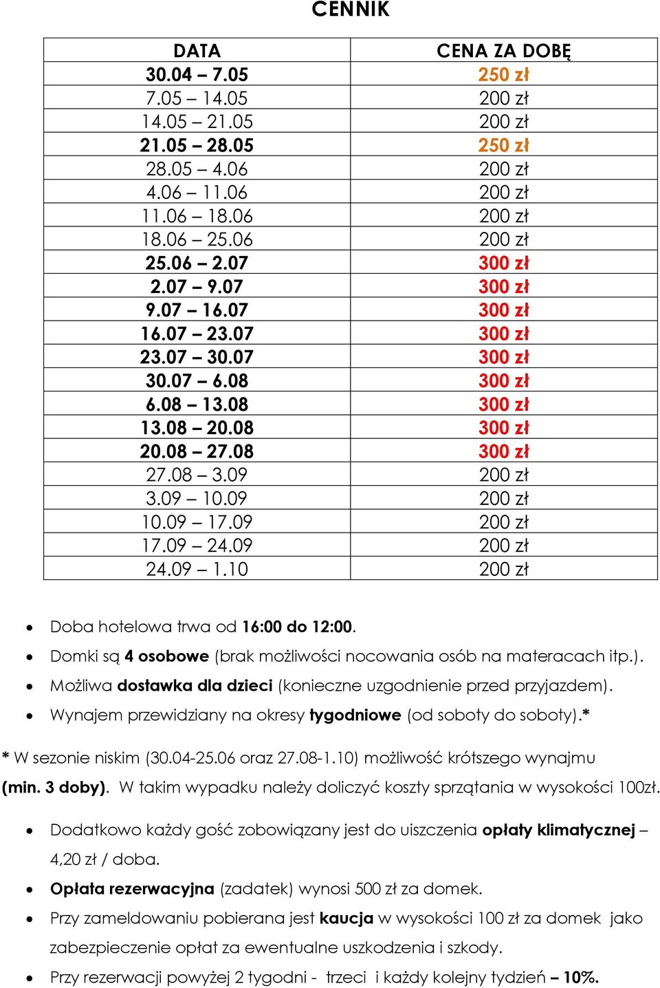 09 24.09 200 zł 24.09 1.10 200 zł Doba hotelowa trwa od 16:00 do 12:00. Domki są 4 osobowe (brak możliwości nocowania osób na materacach itp.).