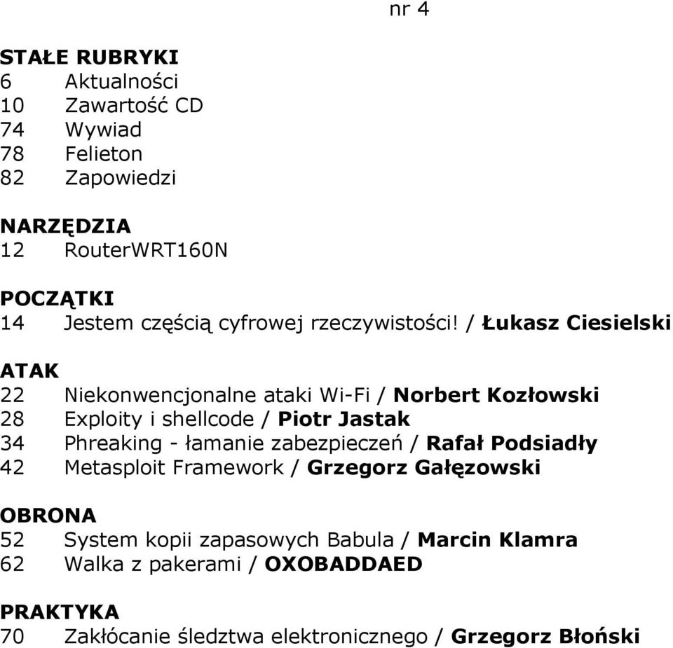 Jastak 34 Phreaking - łamanie zabezpieczeń / Rafał Podsiadły 42 Metasploit Framework / Grzegorz Gałęzowski