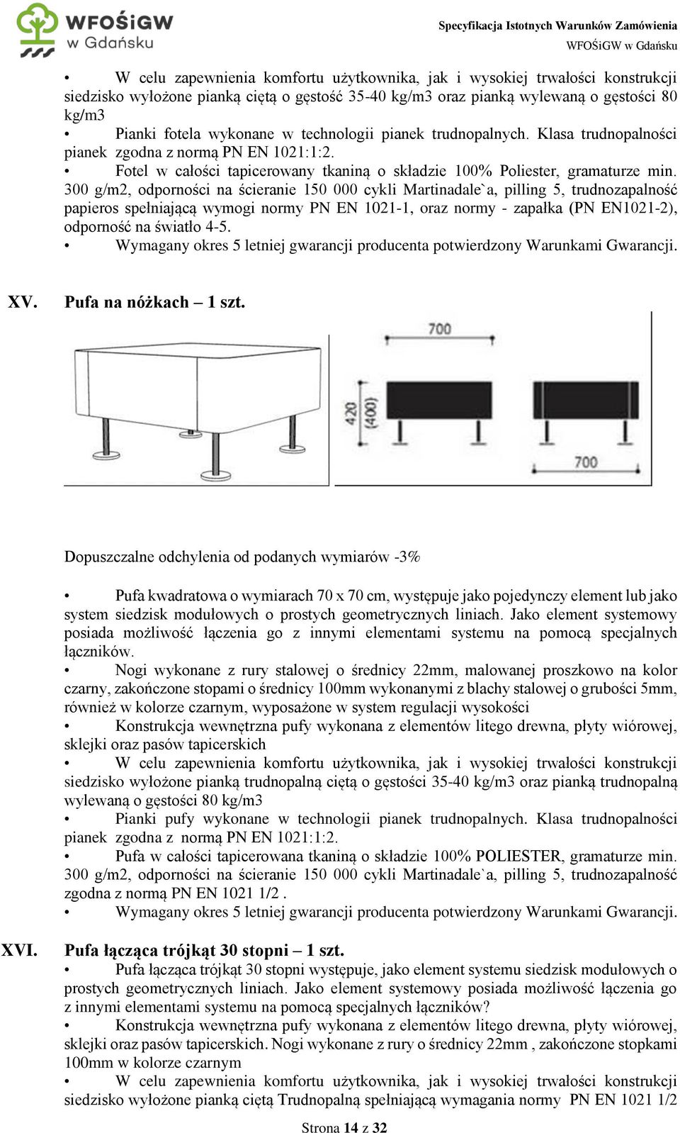 300 g/m2, odporności na ścieranie 150 000 cykli Martinadale`a, pilling 5, trudnozapalność papieros spełniającą wymogi normy PN EN 1021-1, oraz normy - zapałka (PN EN1021-2), odporność na światło 4-5.