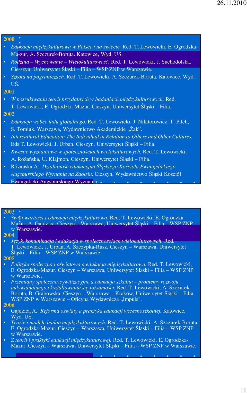 2001 W poszukiwaniu teorii przydatnych w badaniach międzykulturowych. Red. T. Lewowicki, E. Ogrodzka-Mazur. Cieszyn, Uniwersytet Śląski Filia. 2002 Edukacja wobec ładu globalnego. Red. T. Lewowicki, J.