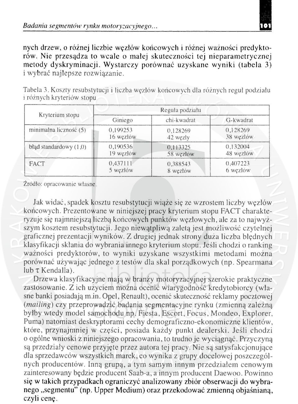 uzyskane wyniki (tabela 3) i wybrać najlepsze rozwiązanie, Tabela 3, Koszty resubstytucji i liczba węzłów końcowych dla róż.