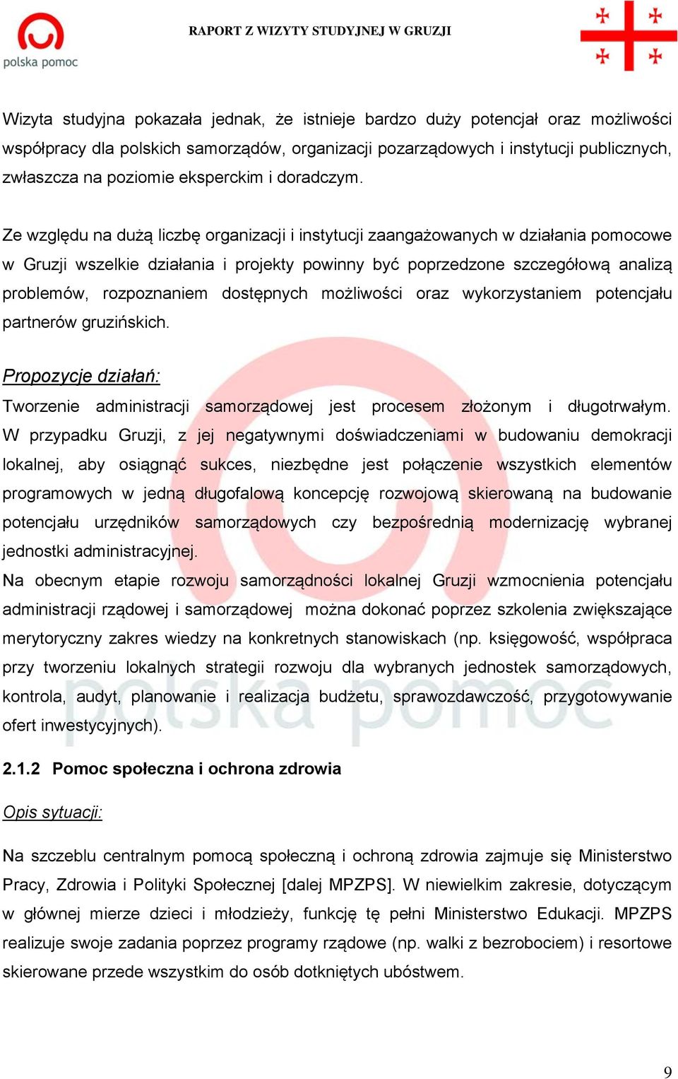 Ze względu na dużą liczbę organizacji i instytucji zaangażowanych w działania pomocowe w Gruzji wszelkie działania i projekty powinny być poprzedzone szczegółową analizą problemów, rozpoznaniem