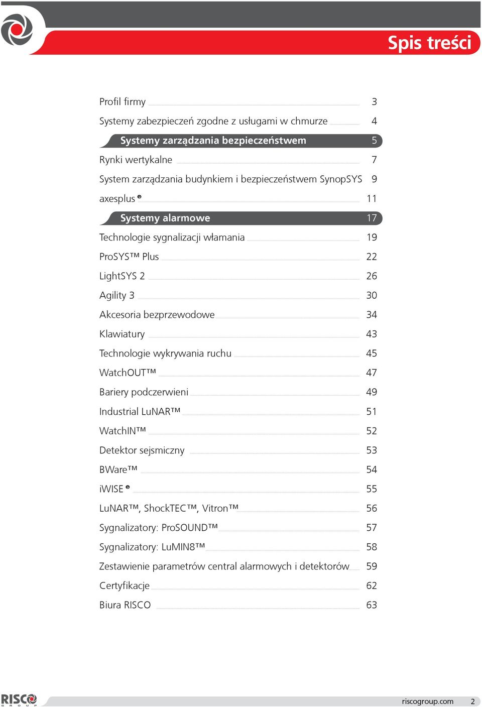 wykrywania ruchu WatchOUT Bariery podczerwieni Industrial LuNAR WatchIN Detektor sejsmiczny BWare iwise LuNAR, ShockTEC, Vitron Sygnalizatory: ProSOUND Sygnalizatory: