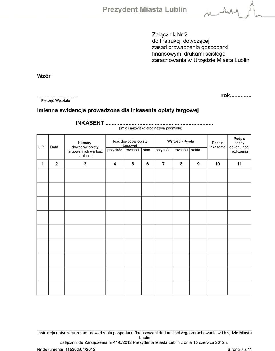 Data Numery dowodów opłaty targowej i ich wartość nominalna Ilość dowodów opłaty Wartość - Kwota targowej przychód rozchód stan przychód rozchód saldo