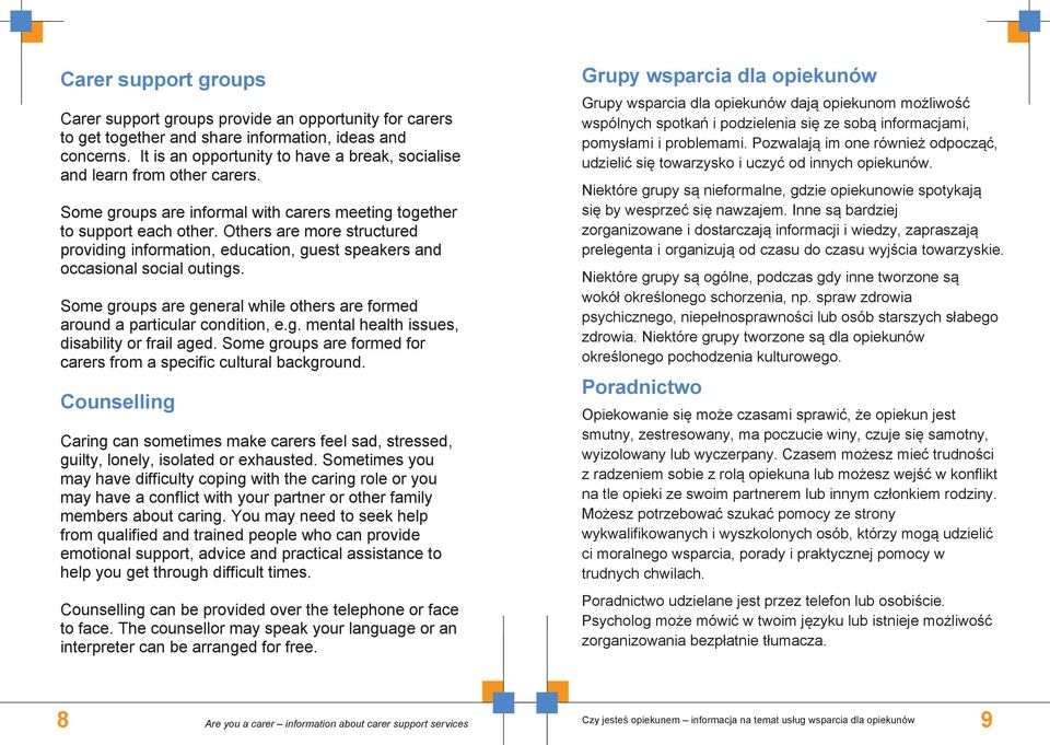 Others are more structured providing information, education, guest speakers and occasional social outings. Some groups are general while others are formed around a particular condition, e.g. mental health issues, disability or frail aged.