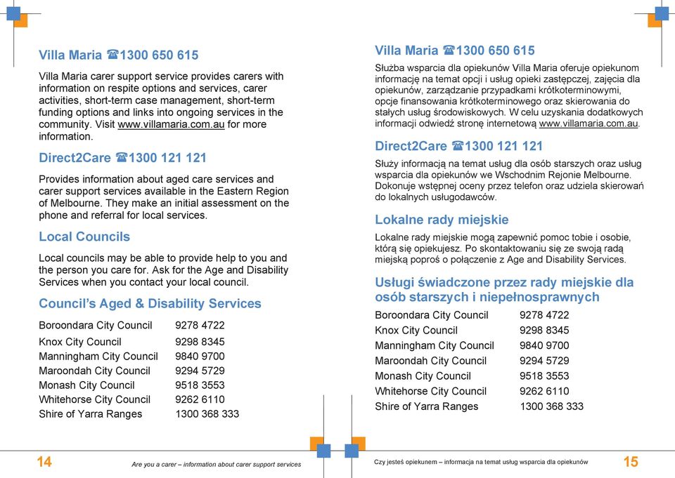 Direct2Care 1300 121 121 Provides information about aged care services and carer support services available in the Eastern Region of Melbourne.