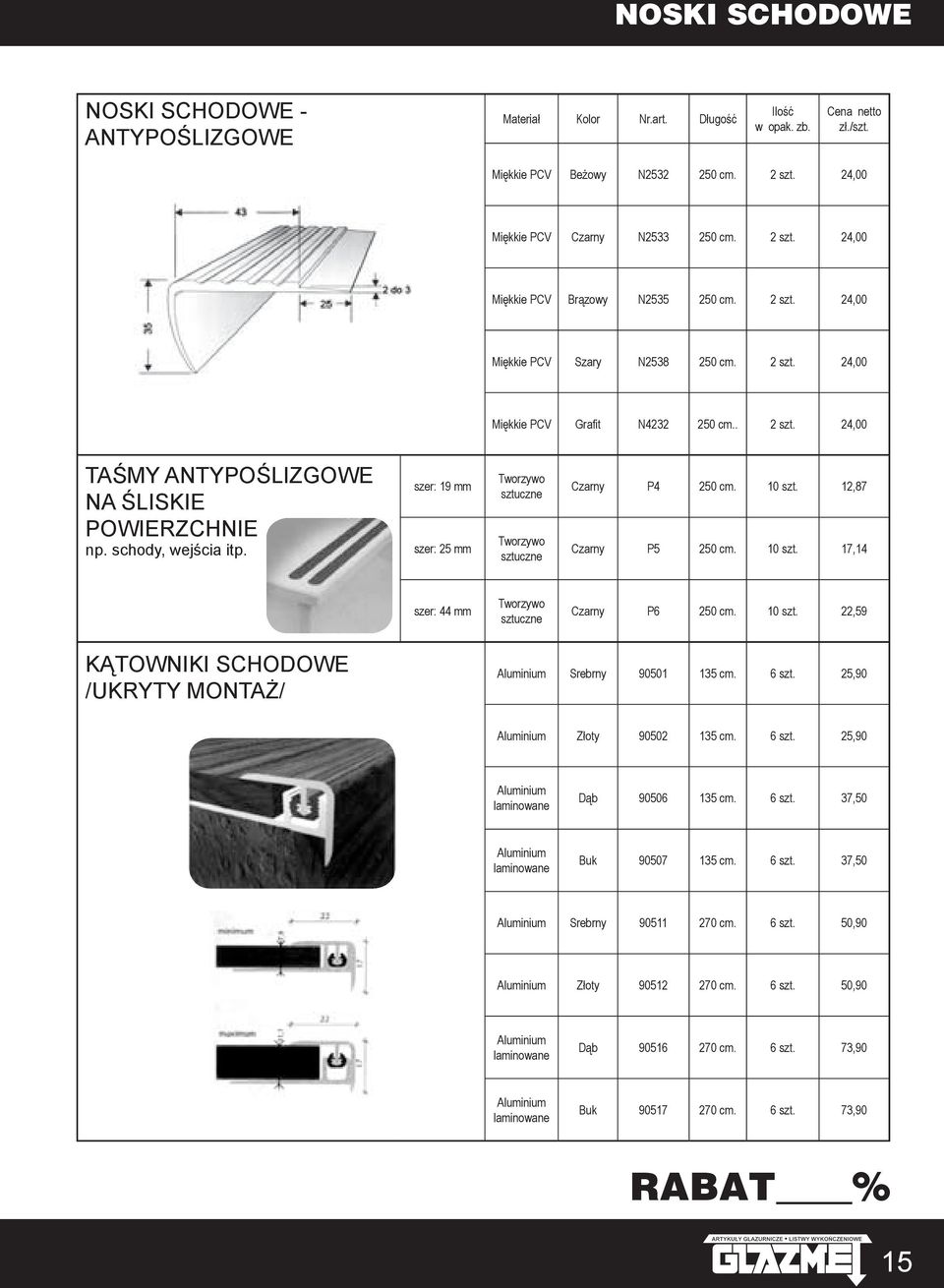 12,87 Czarny P5 250 cm. 10 szt. 17,14 szer: 44 mm Czarny P6 250 cm. 10 szt. 22,59 KĄTOWNIKI SCHODOWE /UKRYTY MONTAŻ/ Srebrny 90501 135 cm. 6 szt. 25,90 Złoty 90502 135 cm. 6 szt. 25,90 Dąb 90506 135 cm.