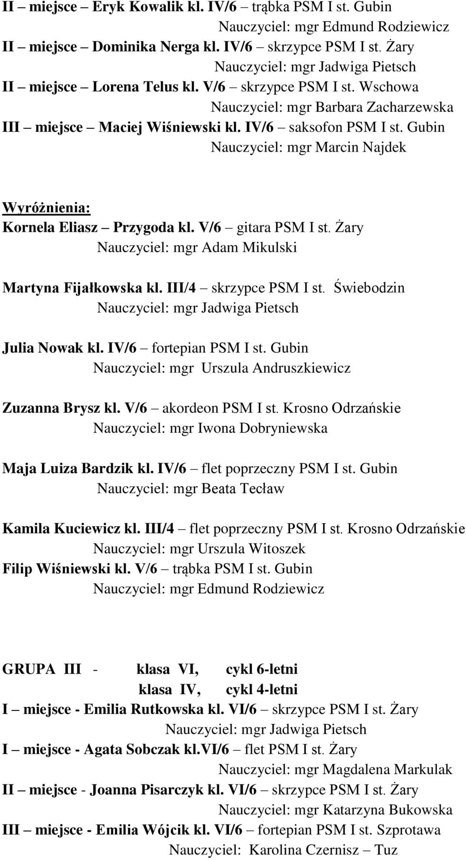 Żary Nauczyciel: mgr Adam Mikulski Martyna Fijałkowska kl. III/4 skrzypce PSM I st. Świebodzin Julia Nowak kl. IV/6 fortepian PSM I st. Gubin Nauczyciel: mgr Urszula Andruszkiewicz Zuzanna Brysz kl.