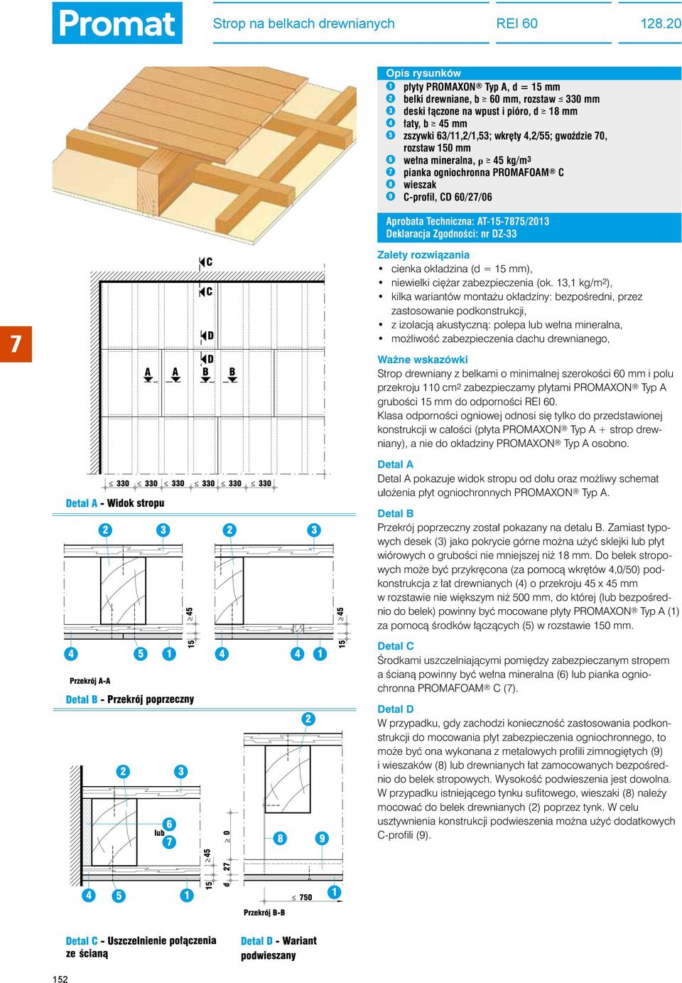 rozstaw 150 mm 6 wełna mineralna, ρ ł 45 kg/m 3 pianka ogniochronna PROMAFOAM C 8 wieszak 9 C-profil, CD 60/2/06 Aprobata Techniczna: AT-15-85/2013 Deklaracja Zgodności: nr DZ-33 Zalety rozwiązania