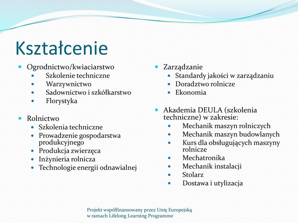 Zarządzanie Standardy jakości w zarządzaniu Doradztwo rolnicze Ekonomia Akademia DEULA (szkolenia techniczne) w zakresie: Mechanik