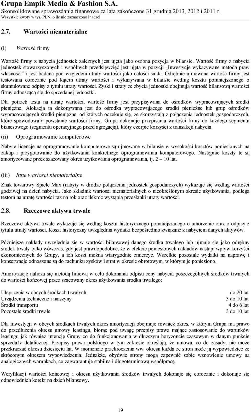 salda. Odrębnie ujmowana wartość firmy jest testowana corocznie pod kątem utraty wartości i wykazywana w bilansie według kosztu pomniejszonego o skumulowane odpisy z tytułu utraty wartości.