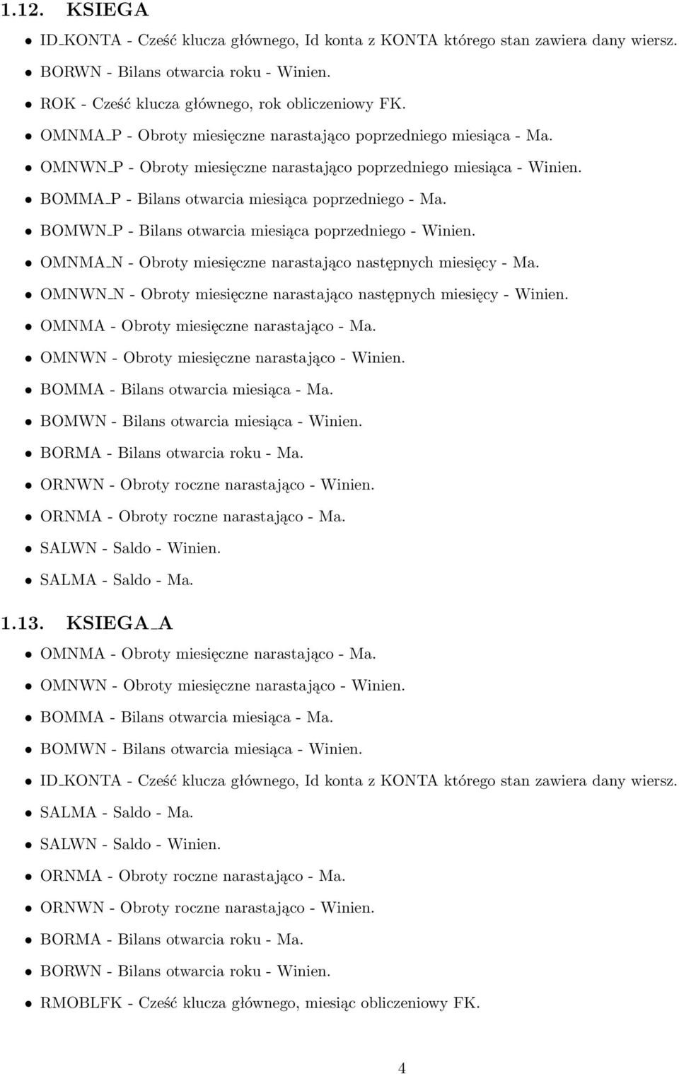 BOMWN P - Bilans otwarcia miesiąca poprzedniego - Winien. OMNMA N - Obroty miesięczne narastająco następnych miesięcy - Ma. OMNWN N - Obroty miesięczne narastająco następnych miesięcy - Winien.