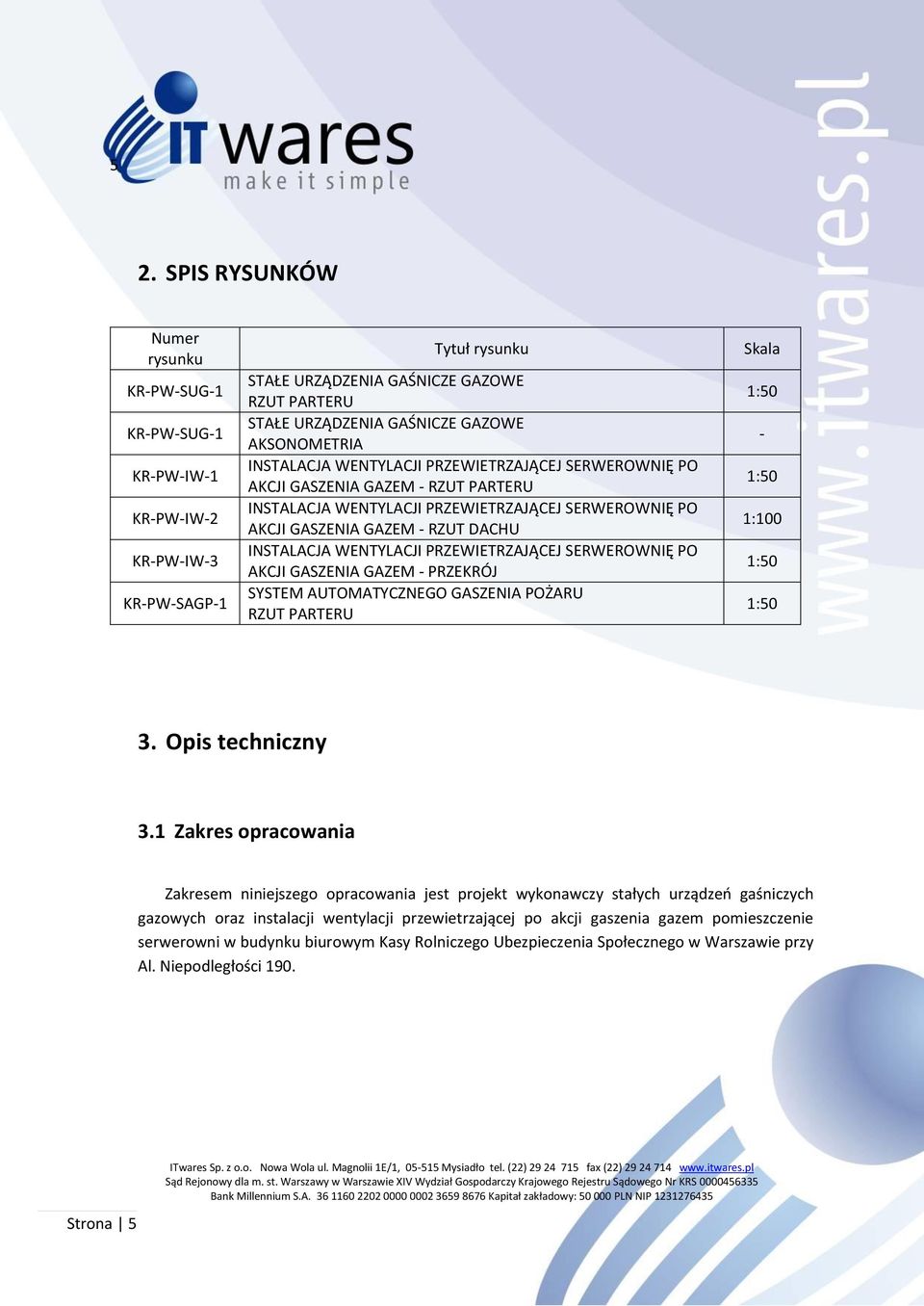 INSTALACJA WENTYLACJI PRZEWIETRZAJĄCEJ SERWEROWNIĘ PO AKCJI GASZENIA GAZEM - PRZEKRÓJ SYSTEM AUTOMATYCZNEGO GASZENIA POŻARU RZUT PARTERU Skala 1:50-1:50 1:100 1:50 1:50 3. Opis techniczny 3.