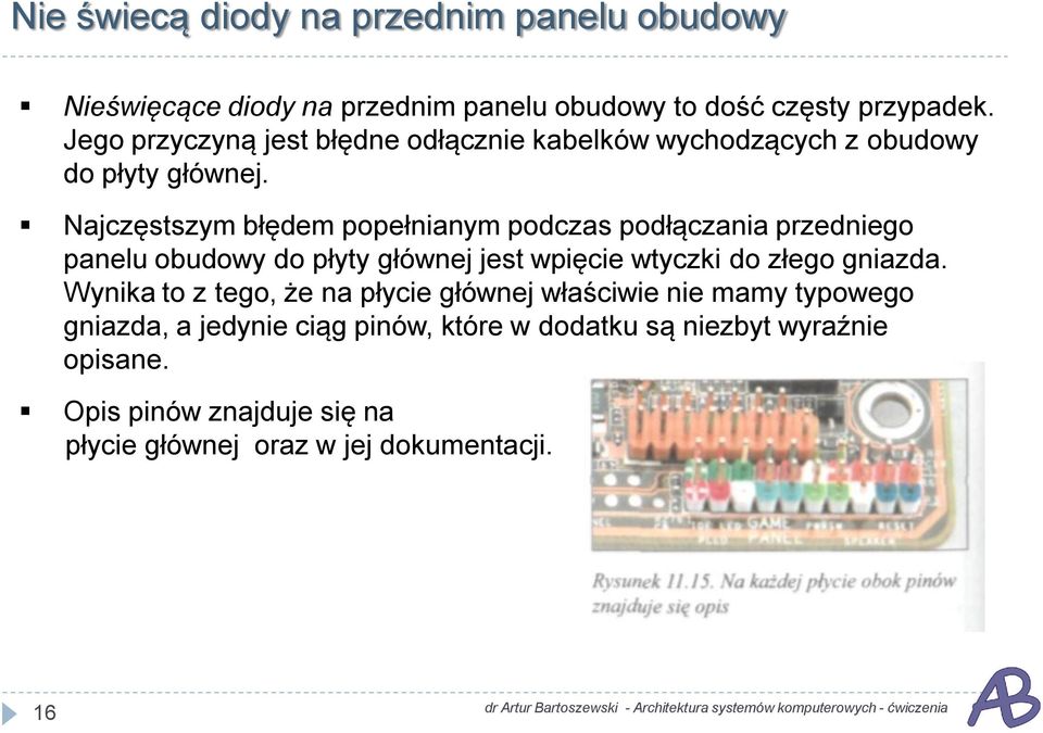 Najczęstszym błędem popełnianym podczas podłączania przedniego panelu obudowy do płyty głównej jest wpięcie wtyczki do złego gniazda.