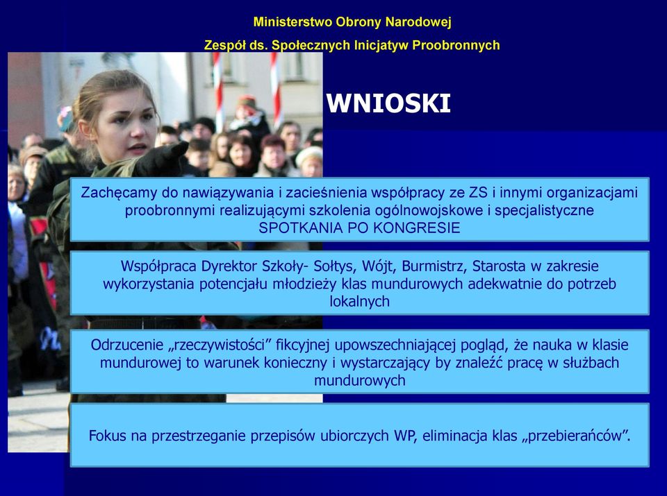 klas mundurowych adekwatnie do potrzeb lokalnych Odrzucenie rzeczywistości fikcyjnej upowszechniającej pogląd, że nauka w klasie mundurowej to