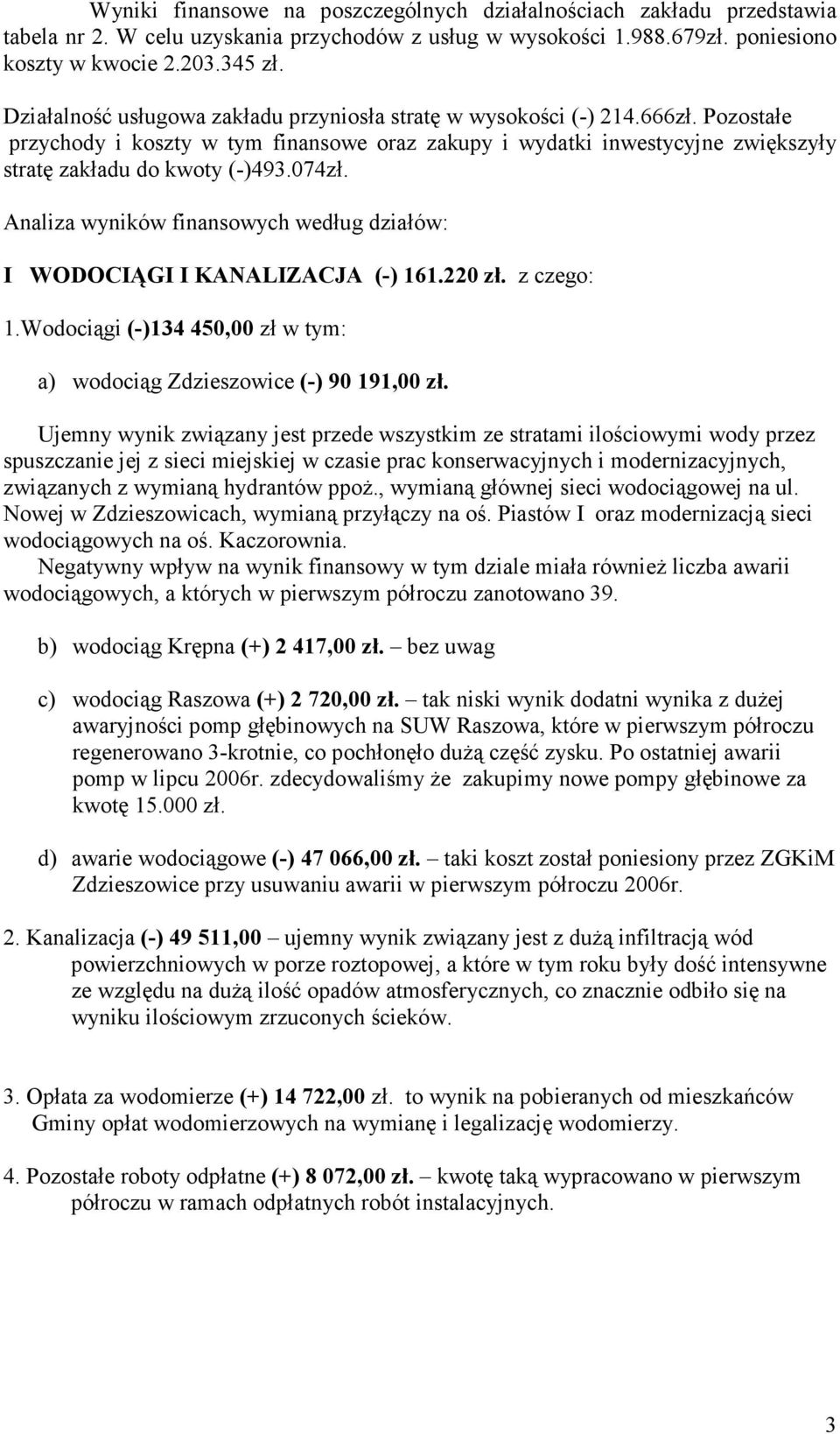 074zł. Analiza wyników finansowych według działów: I WODOCIĄGI I KANALIZACJA (-) 161.220 zł. z czego: 1.Wodociągi (-)134 450,00 zł a) wodociąg Zdzieszowice (-) 90 191,00 zł.