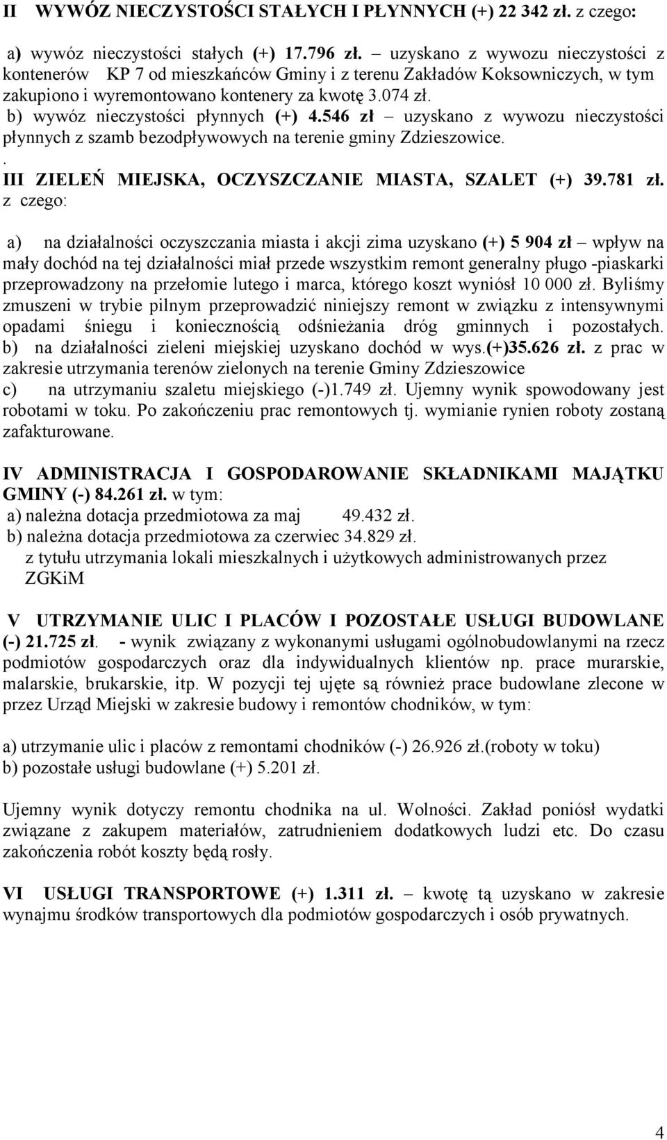 b) wywóz nieczystości płynnych (+) 4.546 zł uzyskano z wywozu nieczystości płynnych z szamb bezodpływowych na terenie gminy Zdzieszowice.. III ZIELEŃ MIEJSKA, OCZYSZCZANIE MIASTA, SZALET (+) 39.