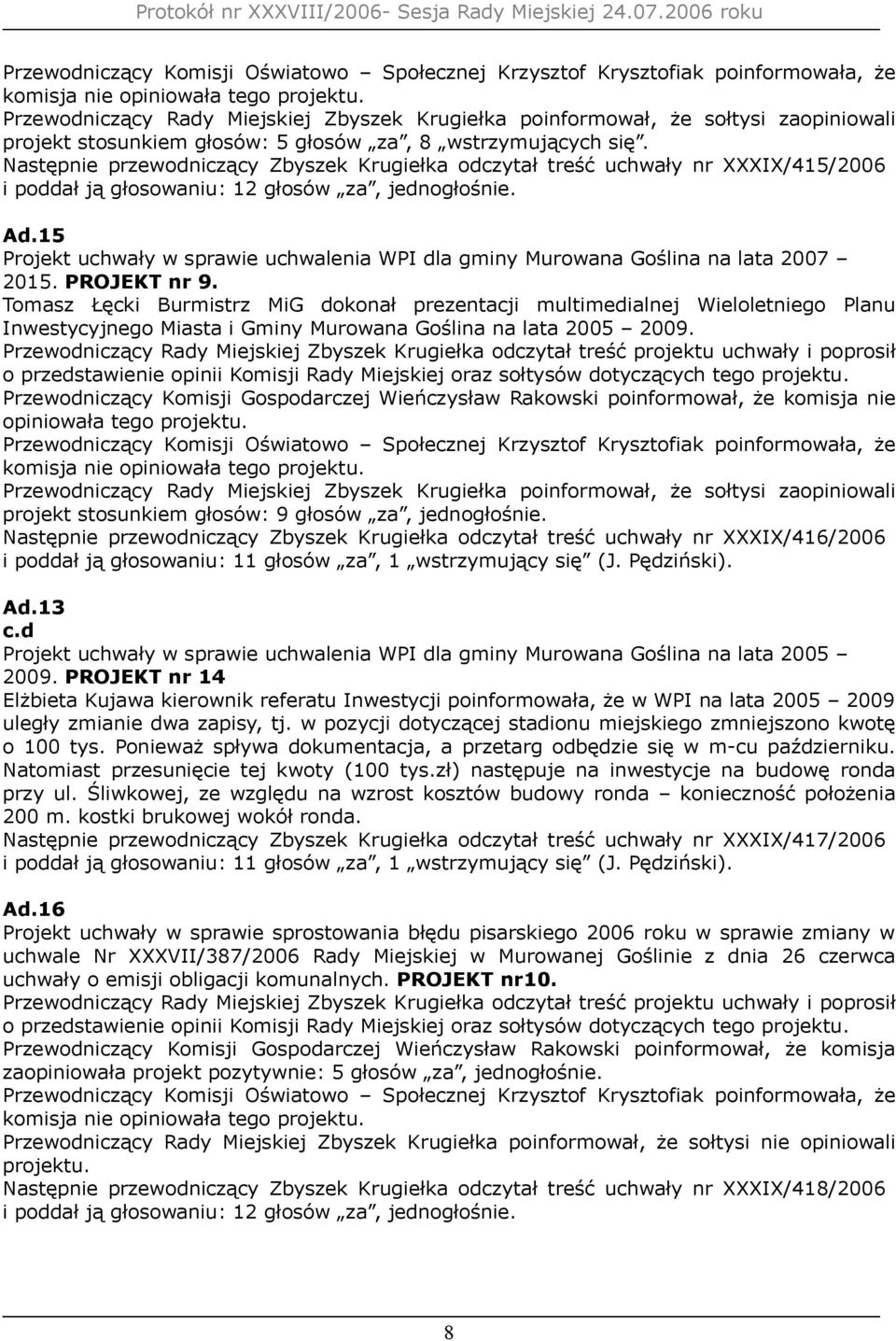 Tomasz Łęcki Burmistrz MiG dokonał prezentacji multimedialnej Wieloletniego Planu Inwestycyjnego Miasta i Gminy Murowana Goślina na lata 2005 2009. nie opiniowała tego projektu.