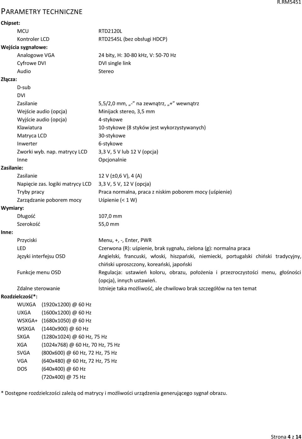 Matryca LCD 30-stykowe Inwerter 6-stykowe Zworki wyb. nap. matrycy LCD 3,3 V, 5 V lub 12 V (opcja) Inne Opcjonalnie Zasilanie: Zasilanie 12 V (±0,6 V), 4 (A) Napięcie zas.