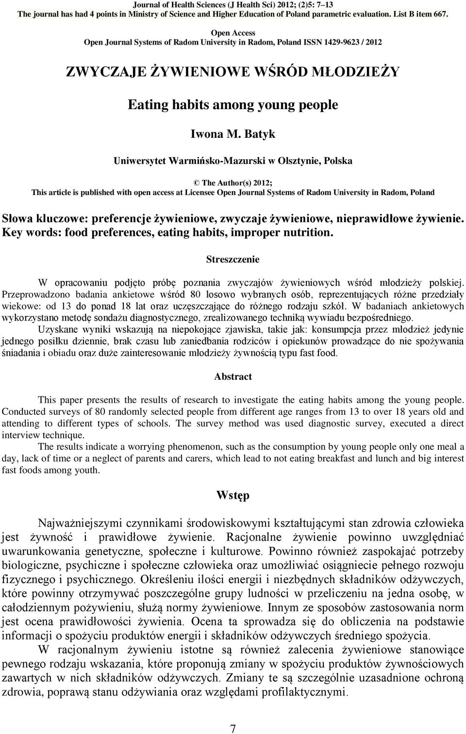 Batyk Uniwersytet Warmińsko-Mazurski w Olsztynie, Polska The Author(s) 2012; This article is published with open access at Licensee Open Journal Systems of Radom University in Radom, Poland Słowa